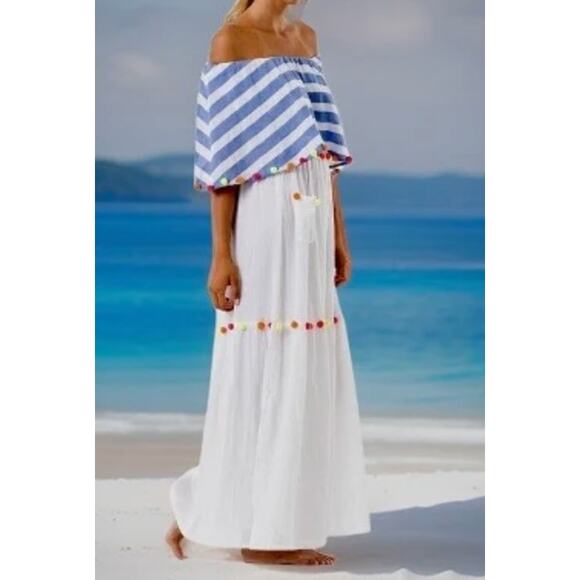 SUNDRESS Lola White Pom Pom Maxi Sun Dress Coastal Vacation Beach Cruise Summer - Picture 1 of 14